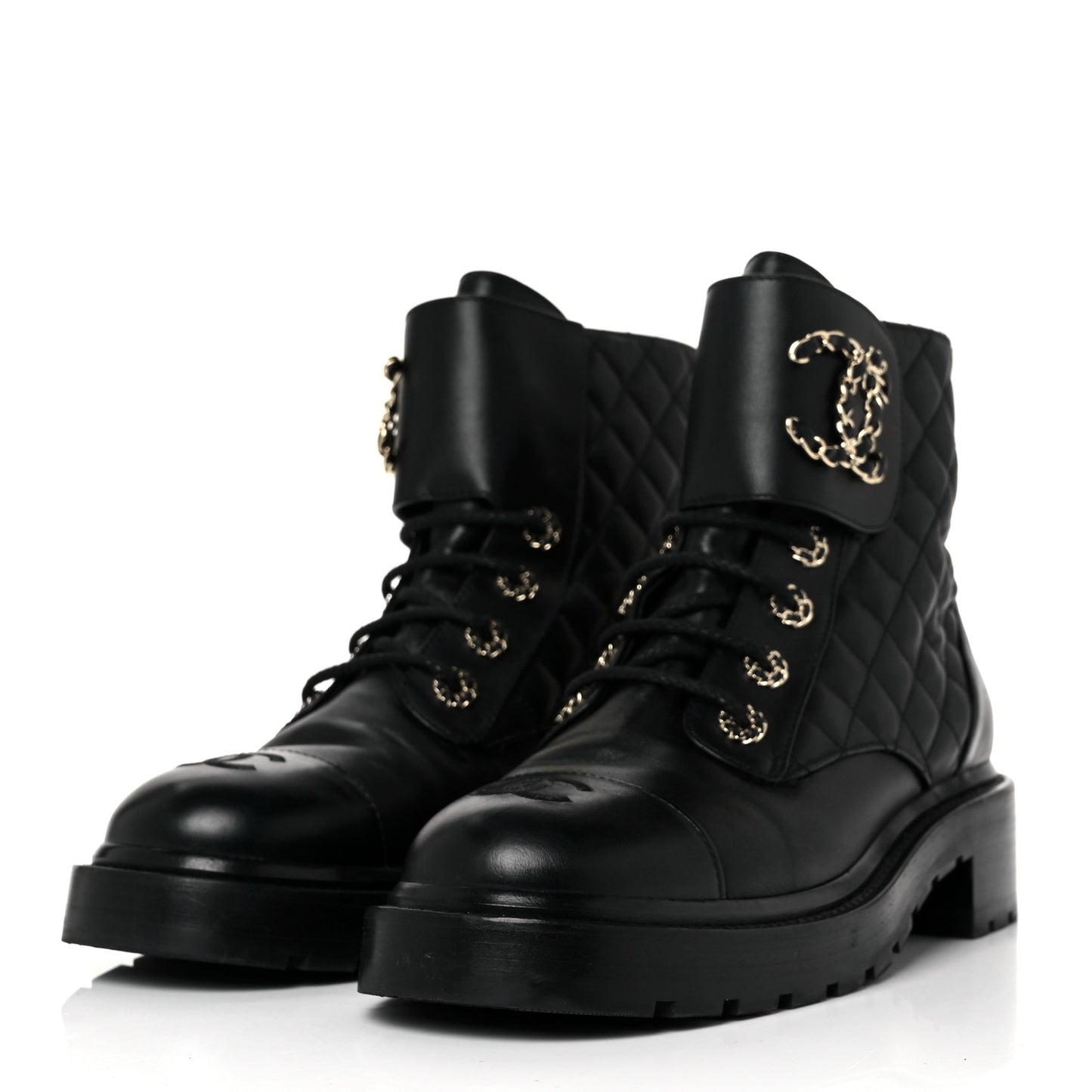 Lambskin Calfskin Quilted Lace Up Combat Boots 39.5 Black