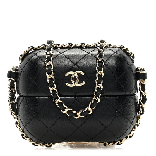 Lambskin Quilted Chain Around Airpods Pro Case With Chain Black