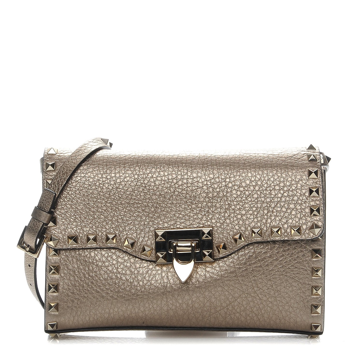 Metallic Pebbled Calfskin Medium Rockstud Flip Lock Crossbody Bag Sasso