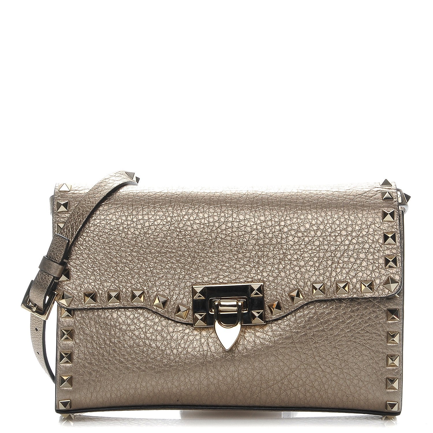Valentino Garavani Metallic Pebbled Calfskin Medium Rockstud Flip Lock Crossbody Bag Sasso 1 of 7