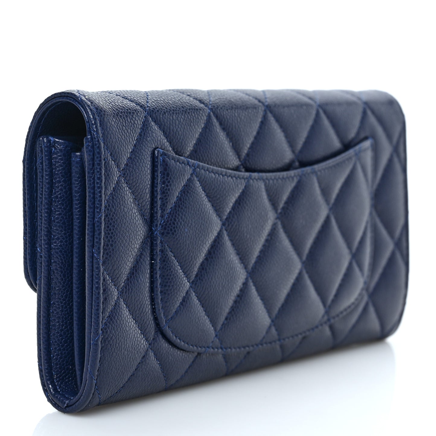 Caviar Quilted Large Gusset Flap Wallet Navy