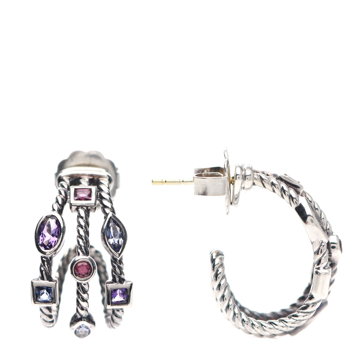 Sterling Silver Amethyst Iolite Garnet Pink Tourmaline Confetti 3 Row Earrings