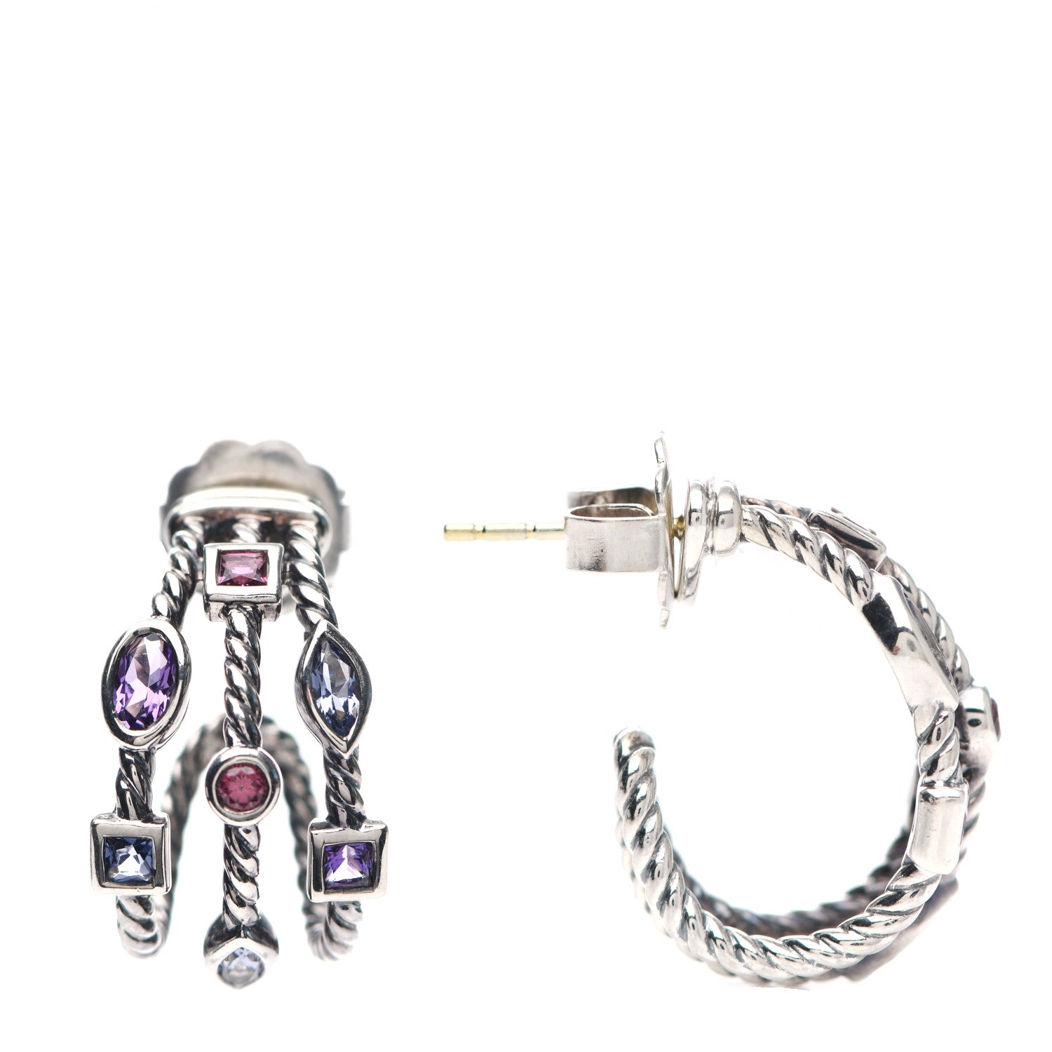 David Yurman Sterling Silver Amethyst Iolite Garnet Pink Tourmaline Confetti 3 Row Earrings 1 of 4