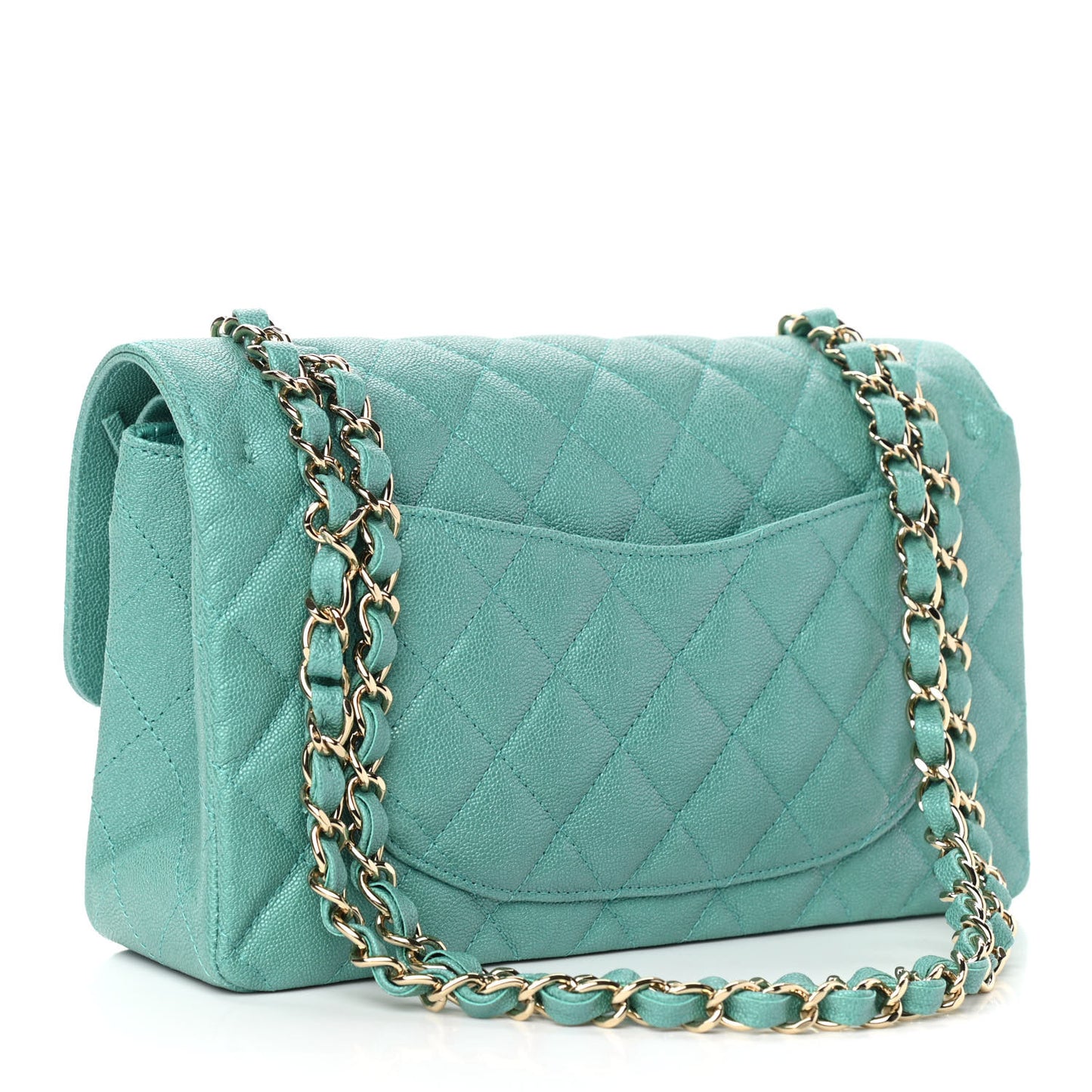 Iridescent Caviar Quilted Small Double Flap Green