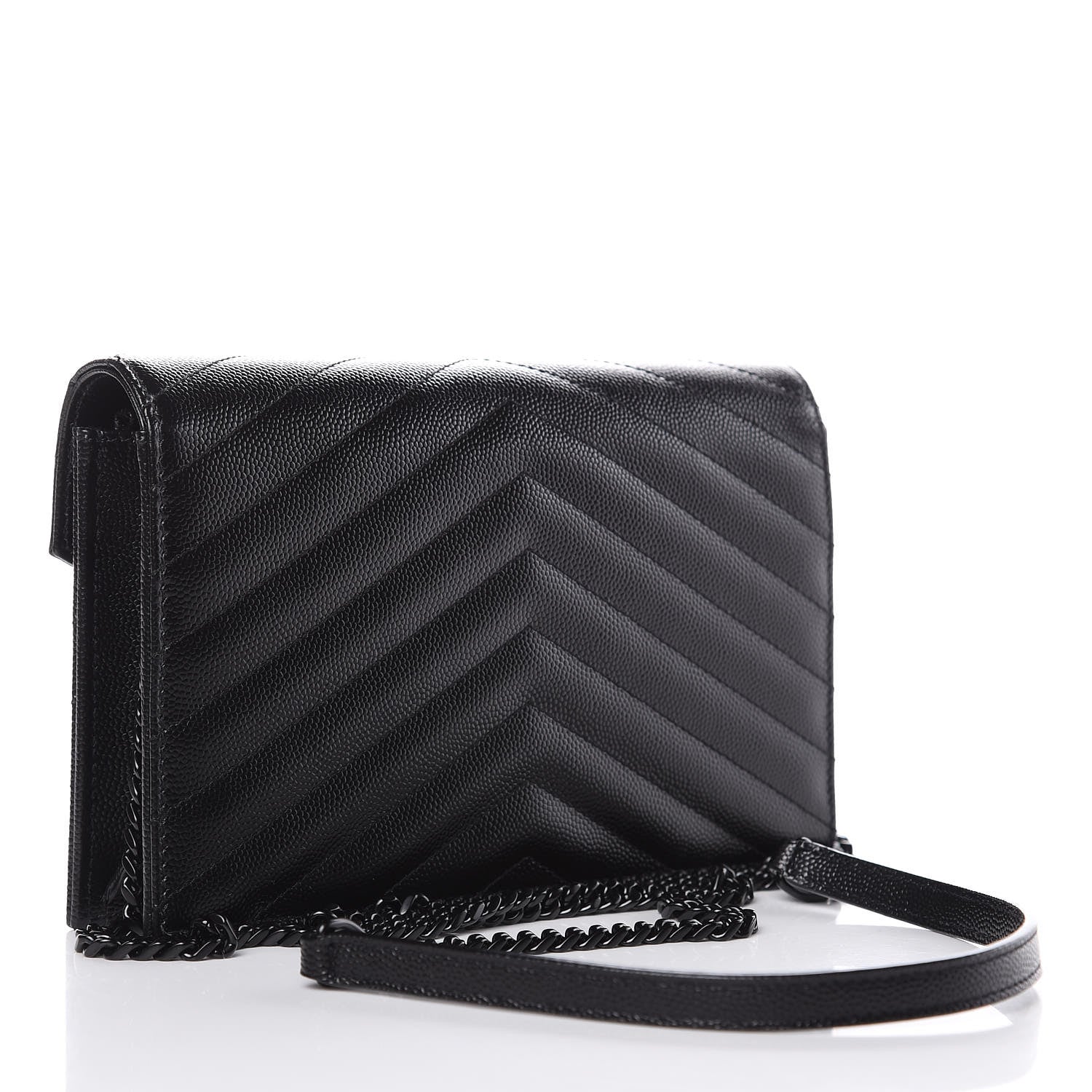 Saint Laurent Grain De Poudre Matelasse Chevron Monogram Envelope Chain Wallet Black 3 of 8