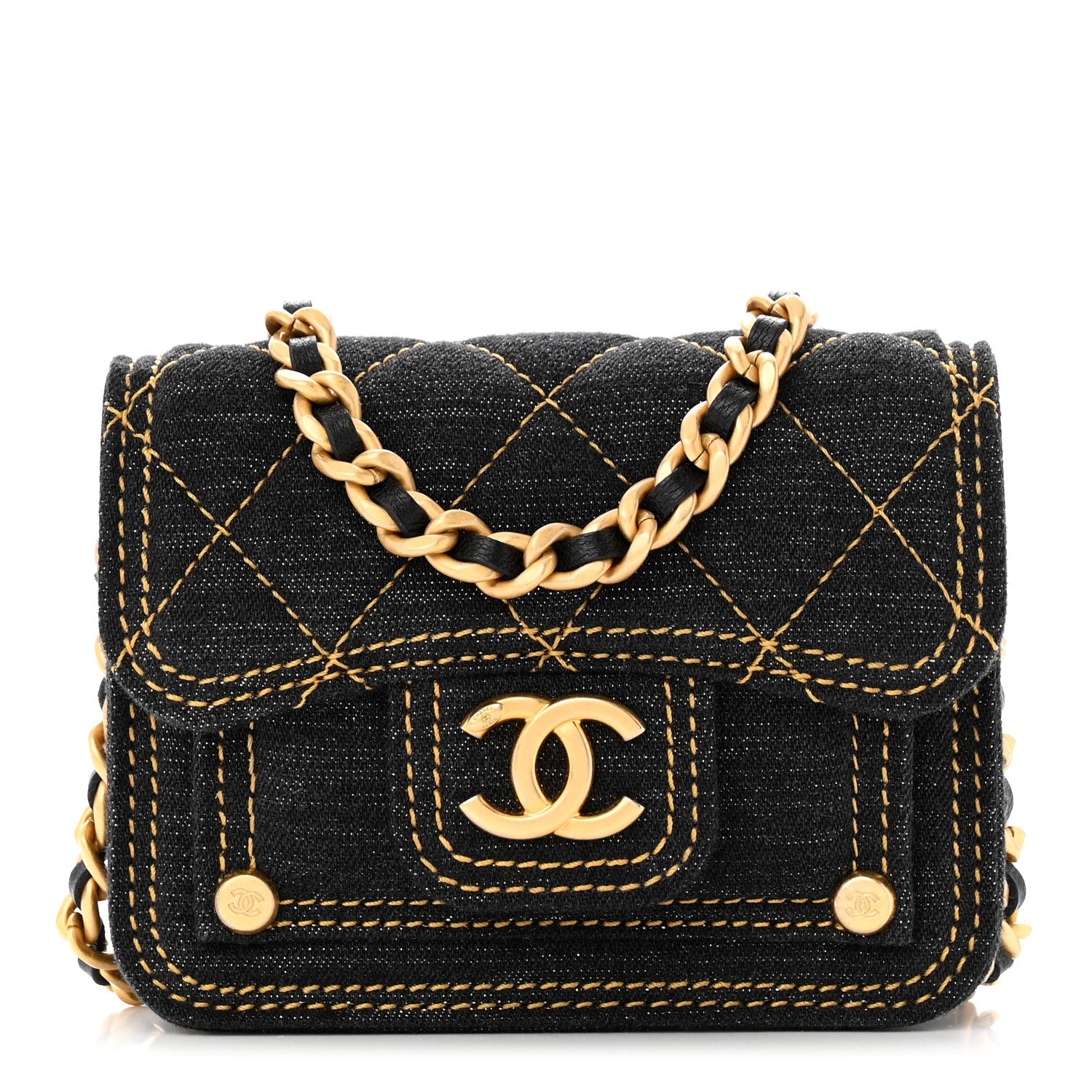 Chanel Denim Quilted Double You Card Holder On Chain Black Golden 1 of 11