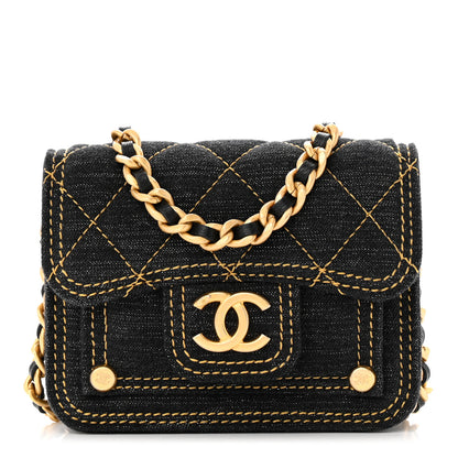 Chanel Denim Quilted Double You Card Holder On Chain Black Golden 1 of 11