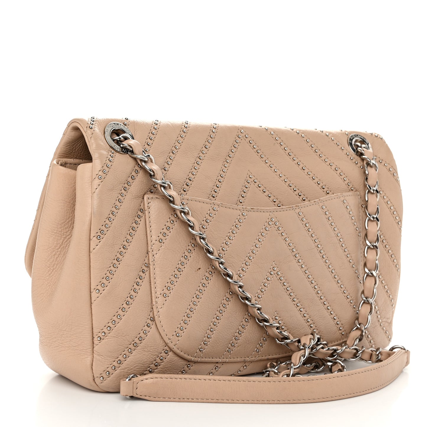 Calfskin Studded Chevron Quilted Medium Wars Flap Beige