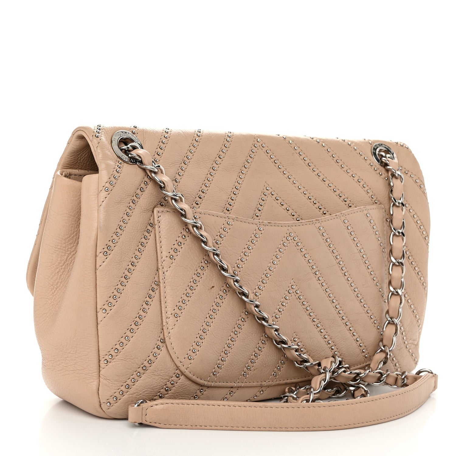Chanel Calfskin Studded Chevron Quilted Medium Wars Flap Beige 3 of 14