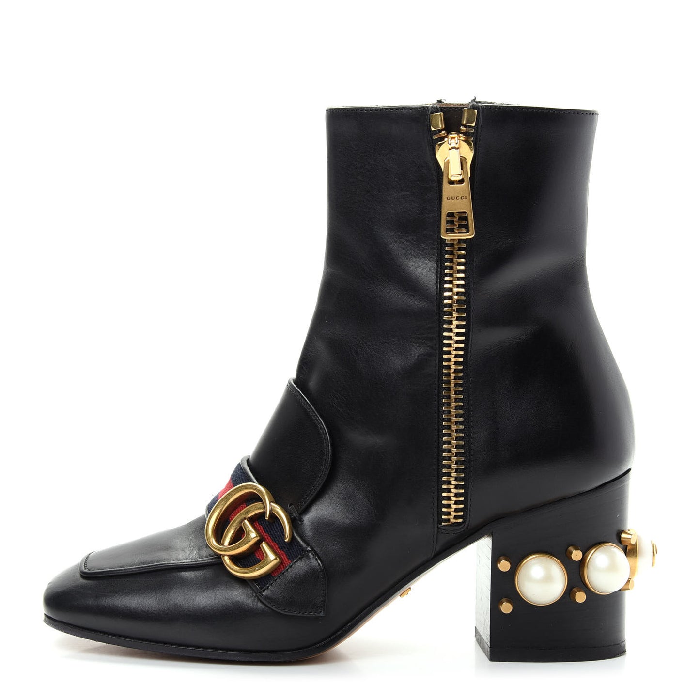 Betis Glamour Calfskin Web Pearl Embellished Peyton 75mm Ankle Boots 36 Black