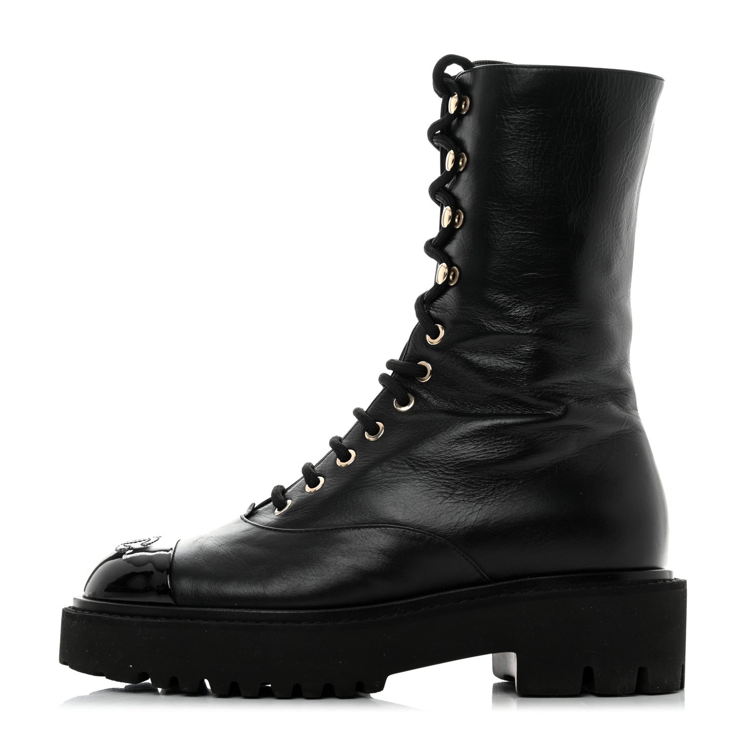 Crumpled Calfskin Patent Cap Toe Lace Up Combat Boots 38 Black