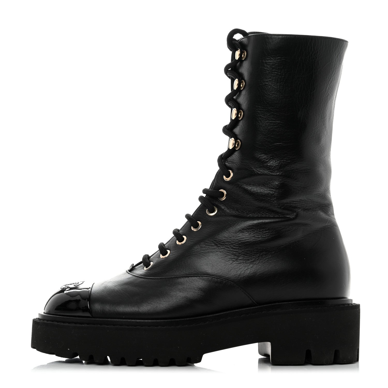 Chanel Crumpled Calfskin Patent Cap Toe Lace Up Combat Boots 38 Black 1 of 8