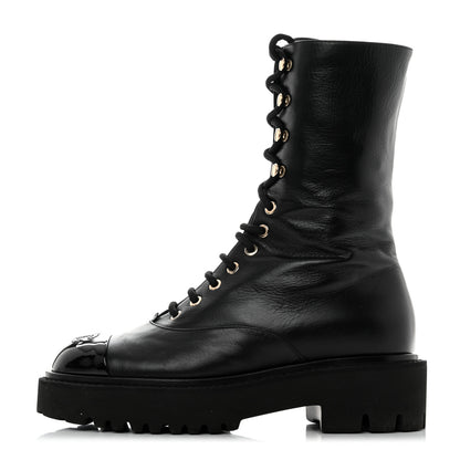 Chanel Crumpled Calfskin Patent Cap Toe Lace Up Combat Boots 38 Black 1 of 8