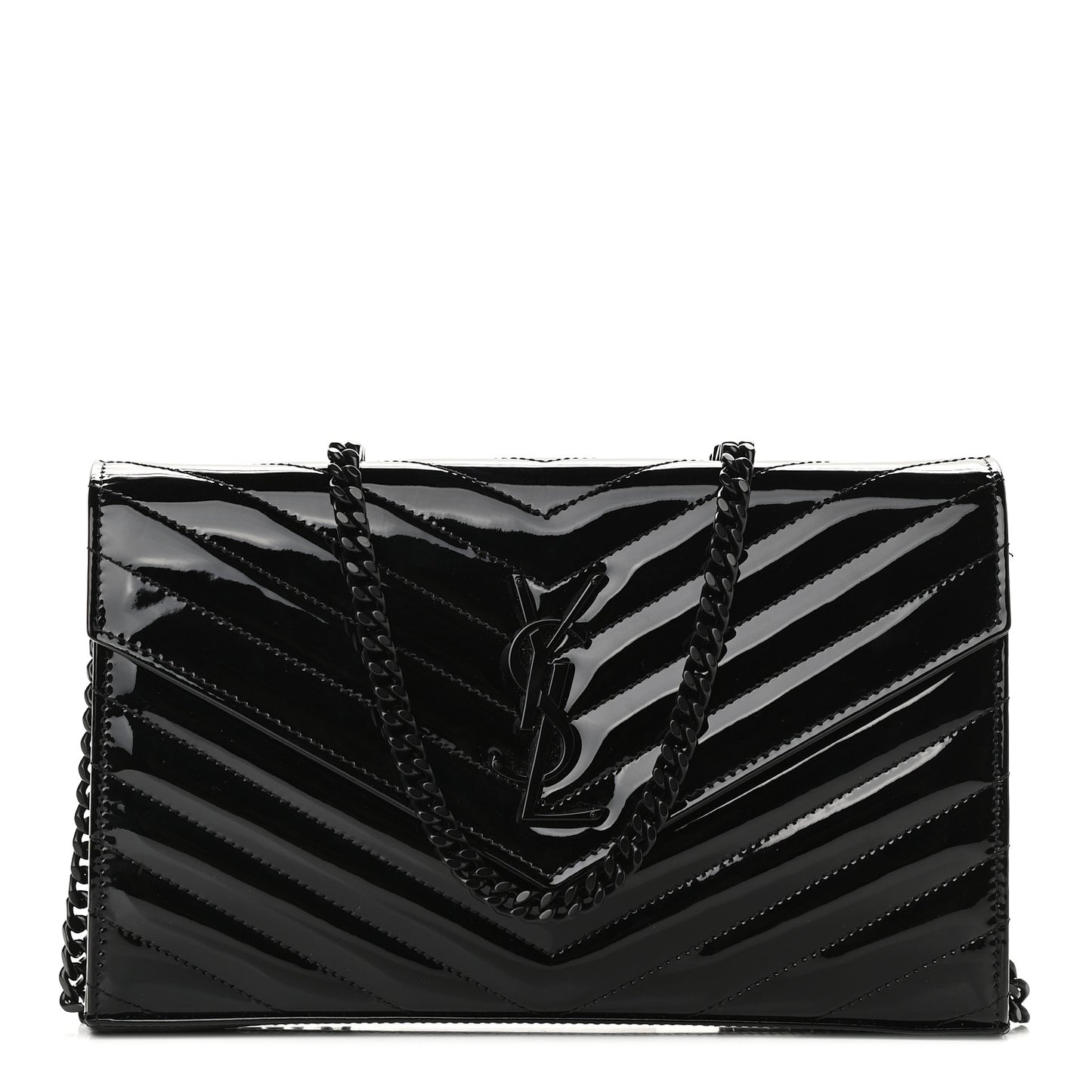 Patent Matelasse Chevron Monogram Chain Wallet Black