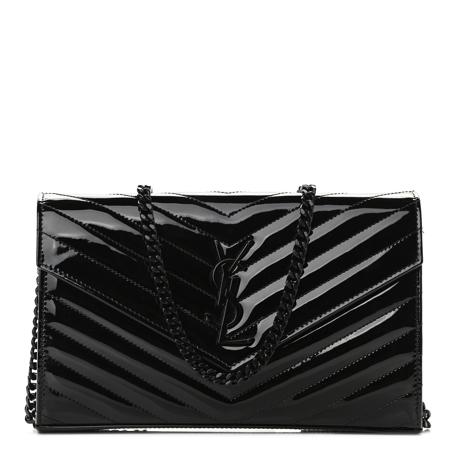 Saint Laurent Patent Matelasse Chevron Monogram Chain Wallet Black 1 of 8