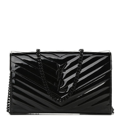 Saint Laurent Patent Matelasse Chevron Monogram Chain Wallet Black 1 of 8