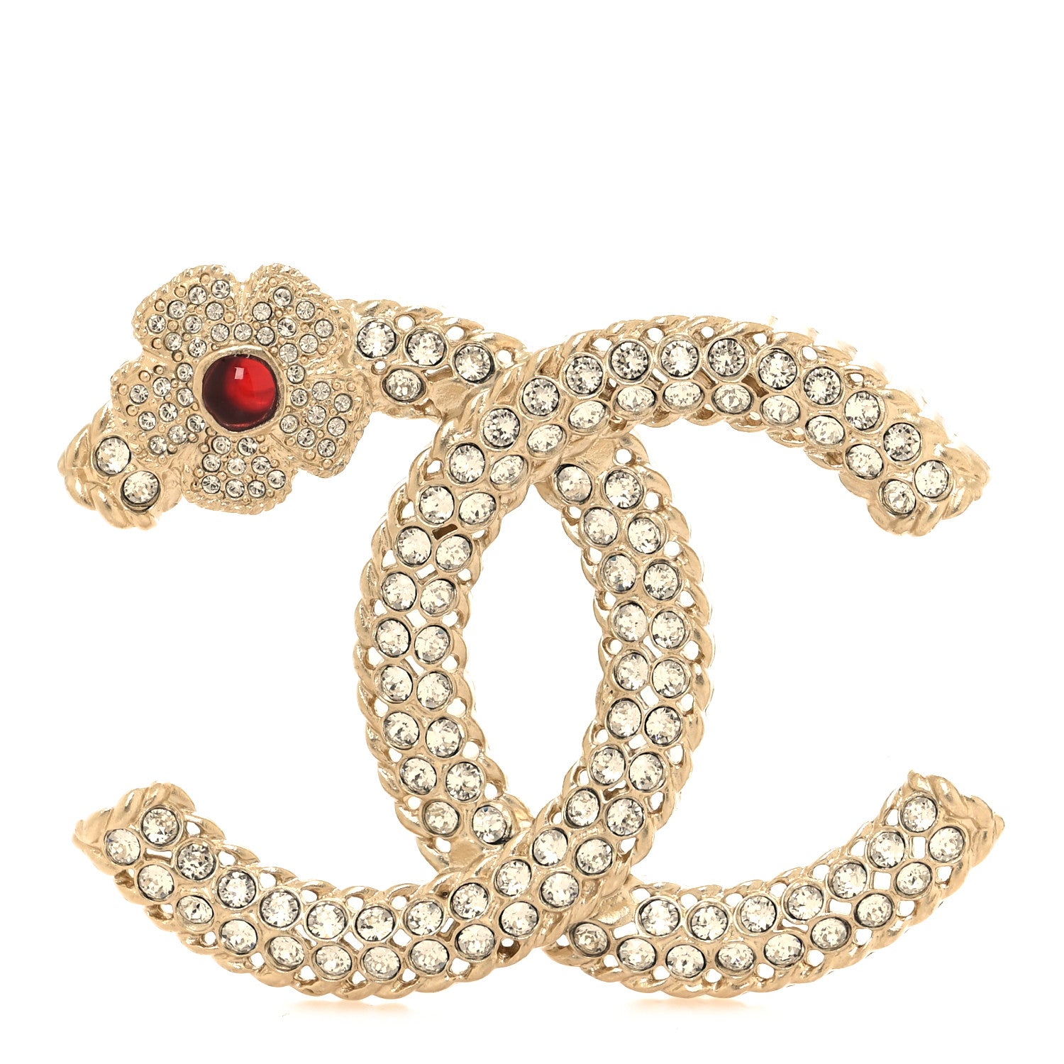 Chanel Crystal Resin CC Flower Brooch Gold Red 1 of 3