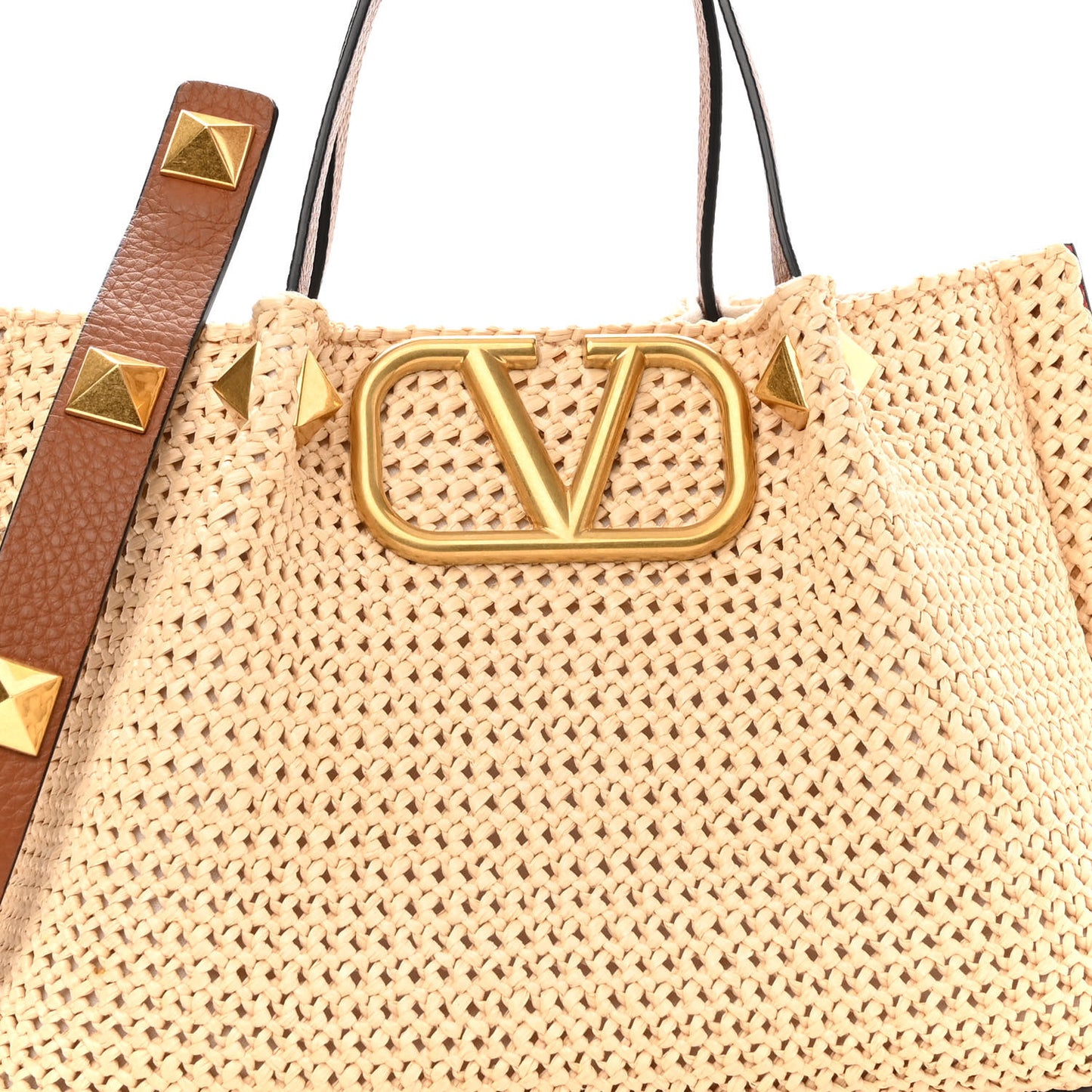 Raffia Grained Calfskin Small Rockstud Vlogo Tote Naturale