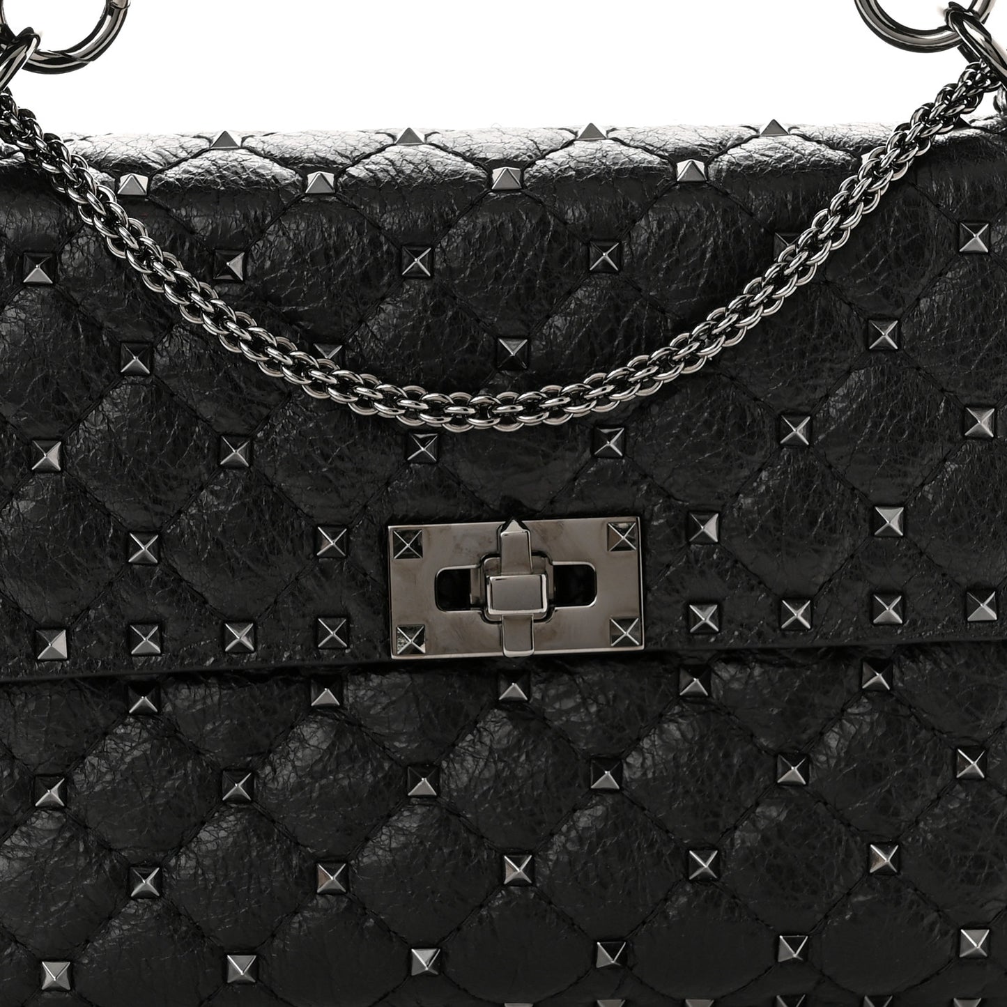 Craquele Nappa Medium Rockstud Spike Shoulder Bag Black