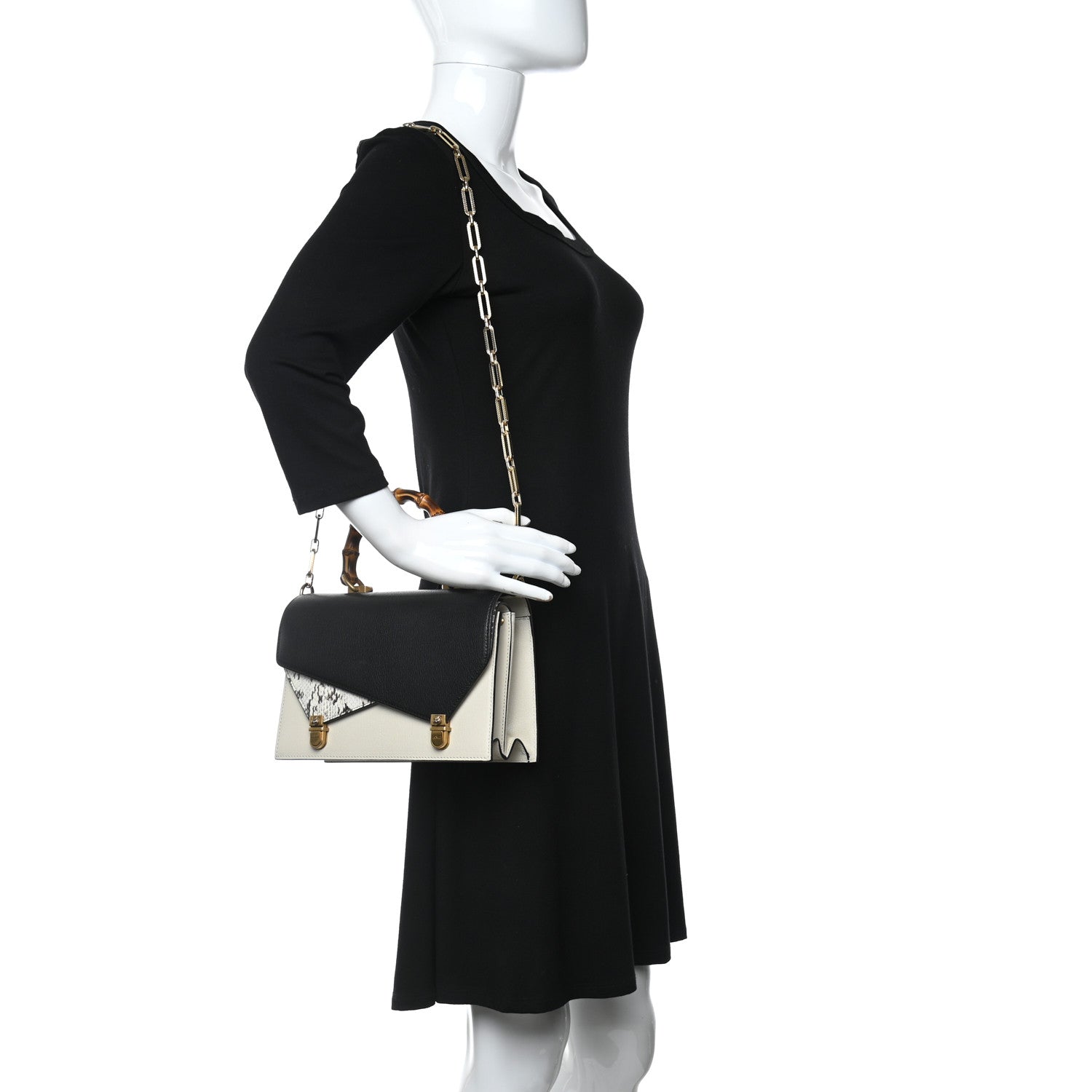 Gucci Calfskin Snakeskin Small Ottilia Top Handle Bag Black White 2 of 10