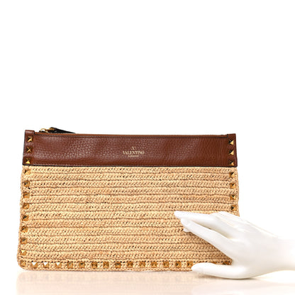 Valentino Garavani Raffia Calfskin Large Rockstud Zip Pouch Naturale Saddle Brown 2 of 8