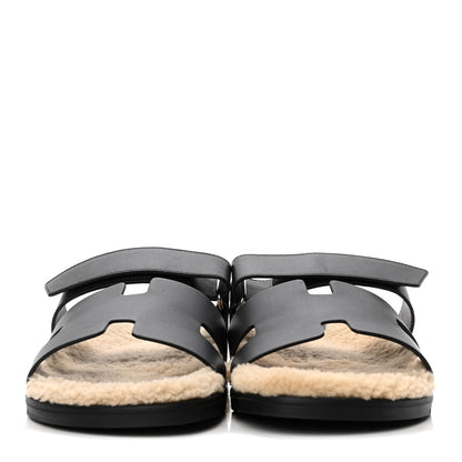 Hermes Calfskin Woolskin Mens Chypre Sandals 42 Black Ecru 2 of 9