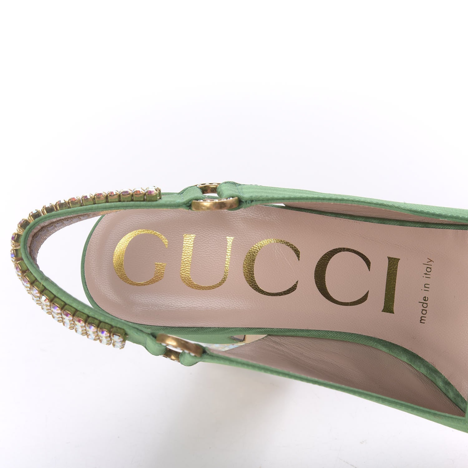Gucci Moire Fabric Crystal Square G Madelyn Slingbacks 35 New Shamarock 7 of 9
