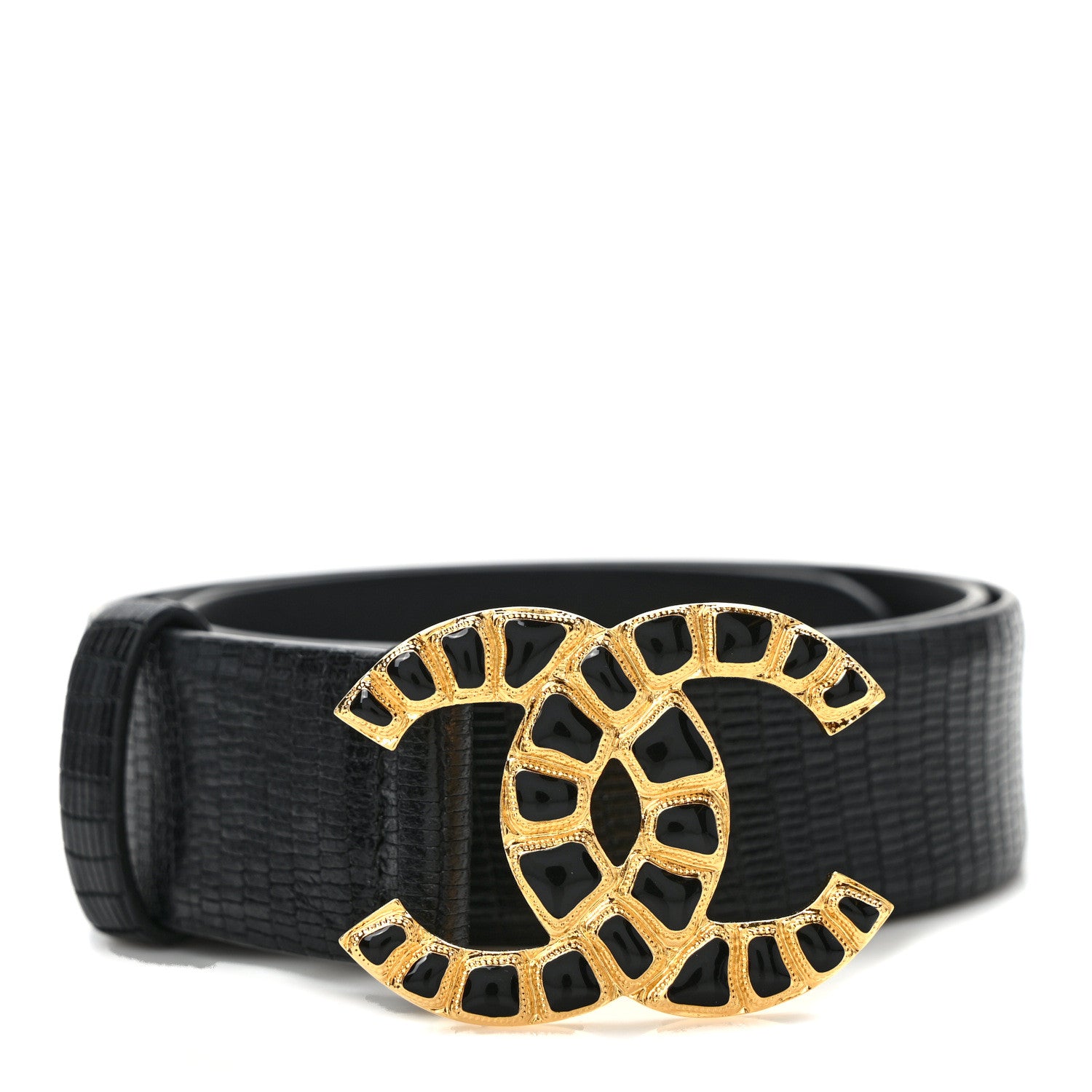 Chanel Lizard Embossed Calfskin Gripoix Poured Glass Along The Nile CC Belt 70 28 Black Gold Orange 1 of 4