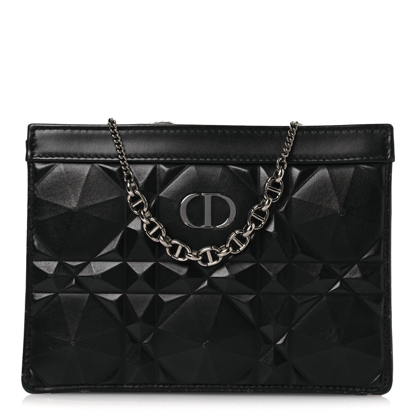 Calfskin Macrocannage Diamond Caro Zipped Pouch With Chain Black