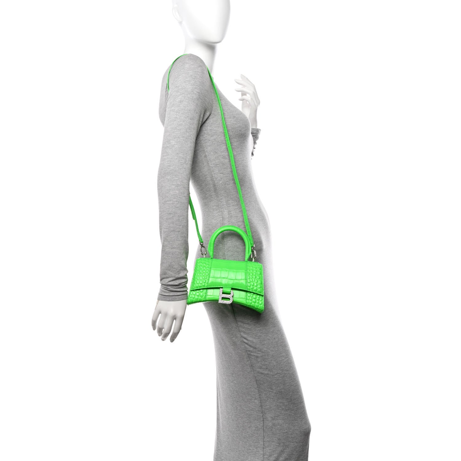 Balenciaga Shiny Calfskin Strass Crocodile Embossed Hourglass Top Handle Bag XS Fluo Green 2 of 11