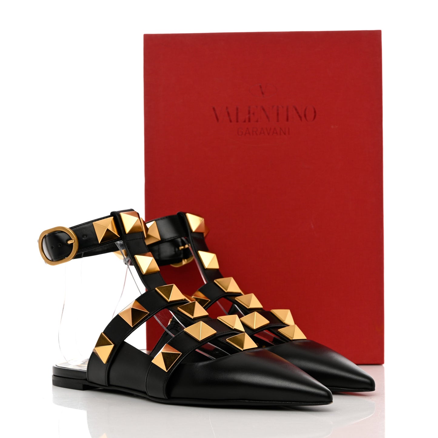 Calfskin Roman Stud Ankle Strap Flat Mules 38 Black
