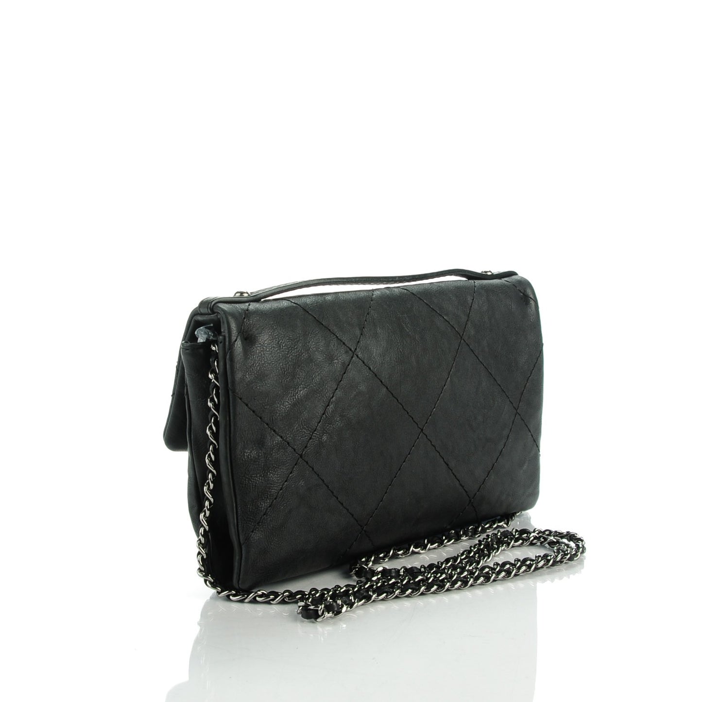 Washed Calfskin Diamond Stitch Hamptons Clutch With Chain Black