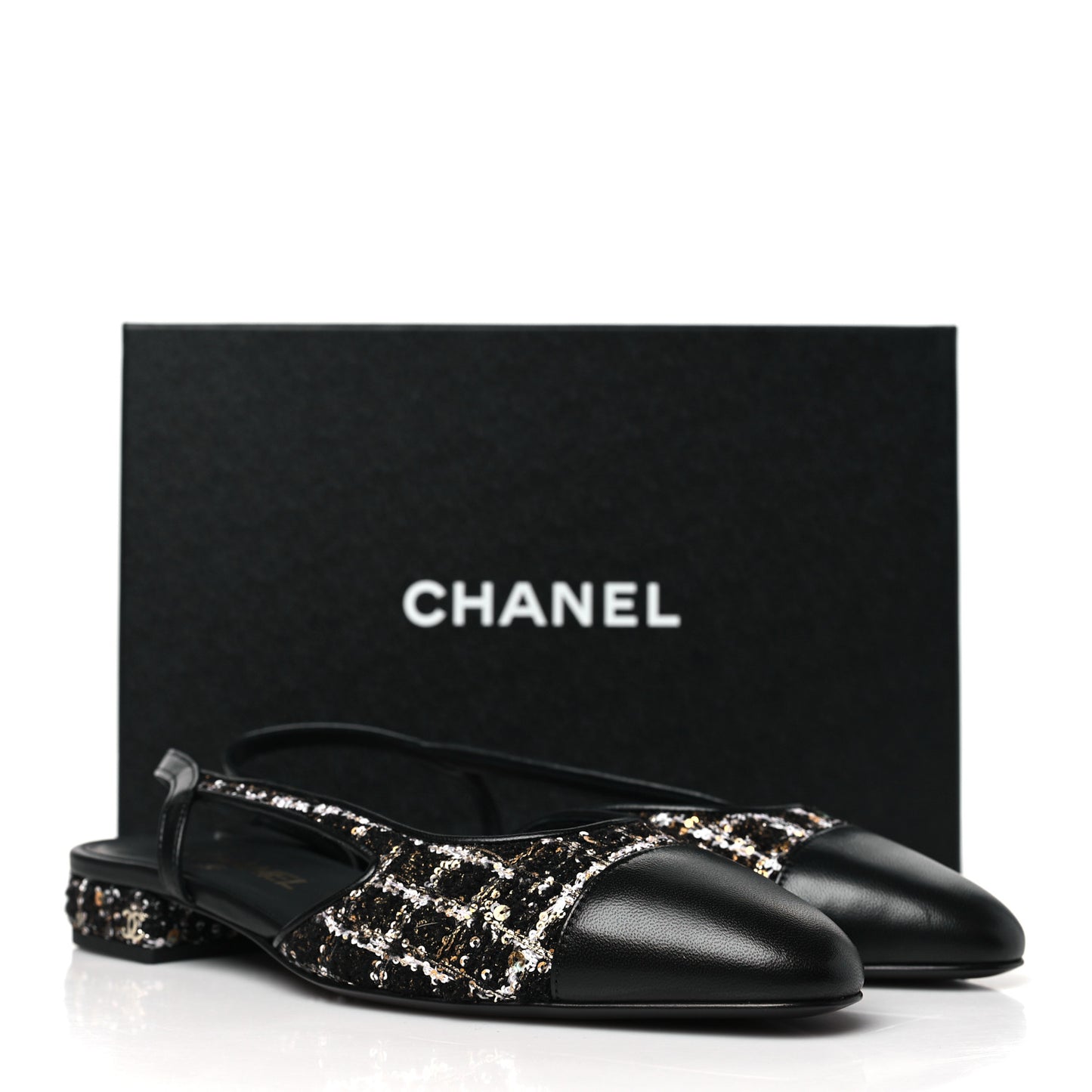 Tweed Sequins Cap Toe CC Slingback Flats 38.5 Black White Gold