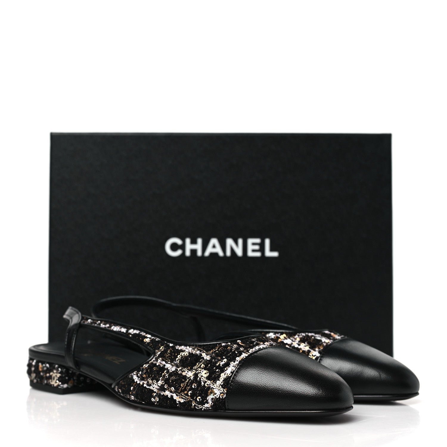 Chanel Tweed Sequins Cap Toe CC Slingback Flats 38.5 Black White Gold 10 of 10