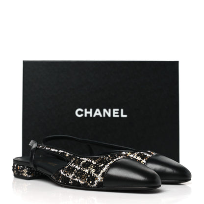 Chanel Tweed Sequins Cap Toe CC Slingback Flats 38.5 Black White Gold 10 of 10