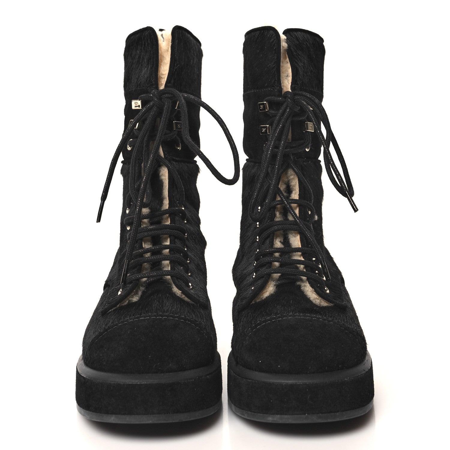 Chanel Suede Pony Hair Shearling Lace Up Combat Boots 38 Black White 3 of 11
