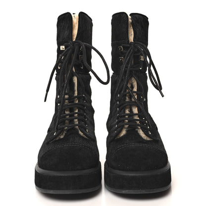 Chanel Suede Pony Hair Shearling Lace Up Combat Boots 38 Black White 3 of 11