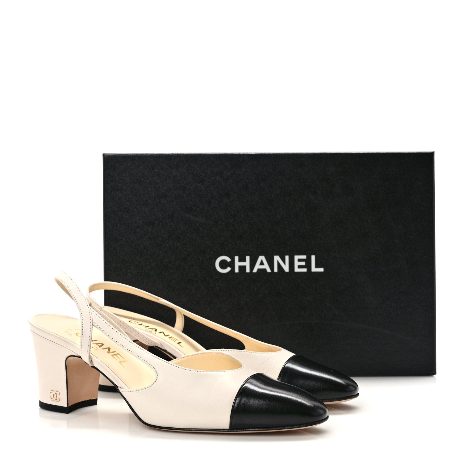 Chanel Glazed Calfskin Cap Toe CC Slingback Pumps 38 Ivory Black 9 of 9