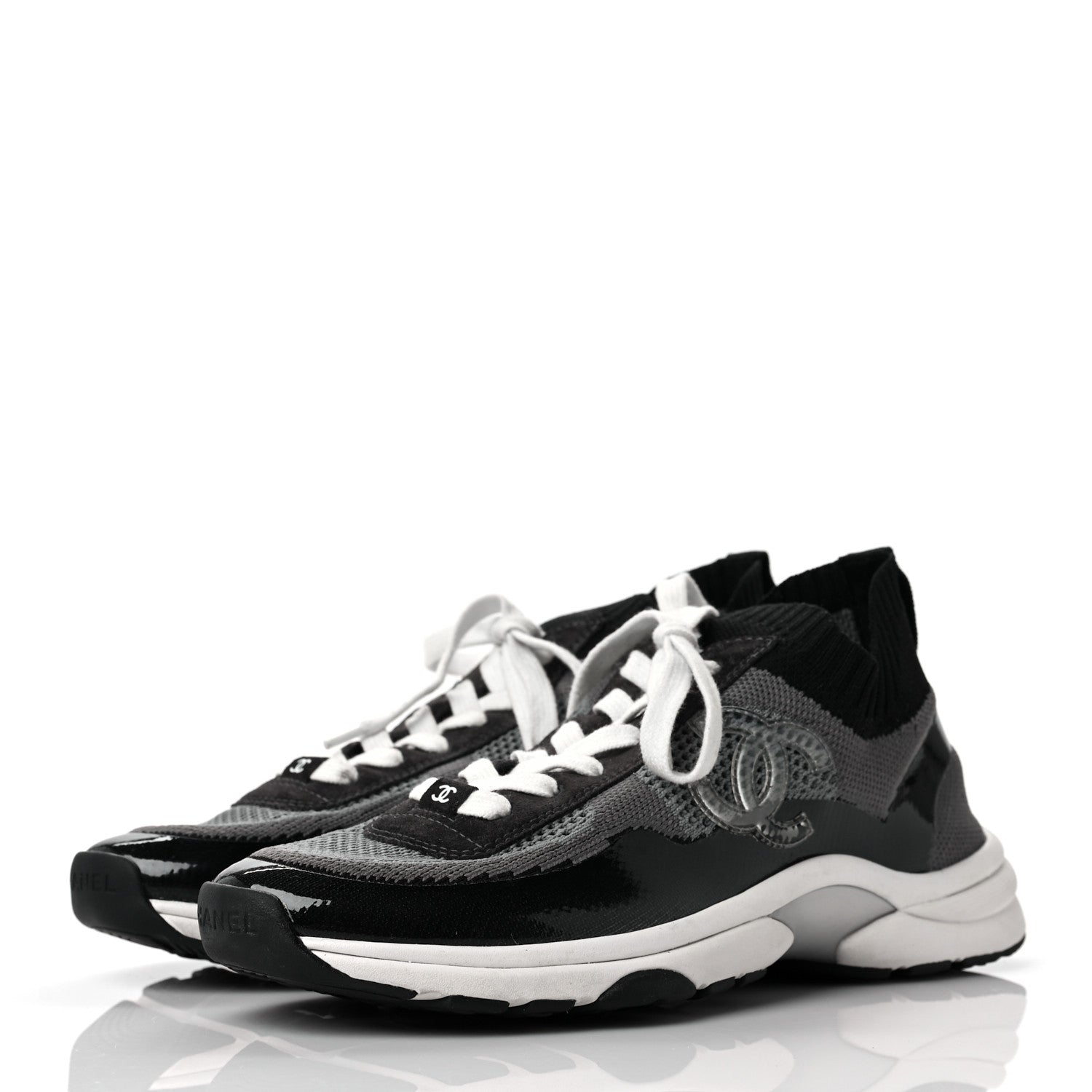 Chanel Fabric Calfskin Suede CC Womens Sneakers 39.5 Black Grey 4 of 5