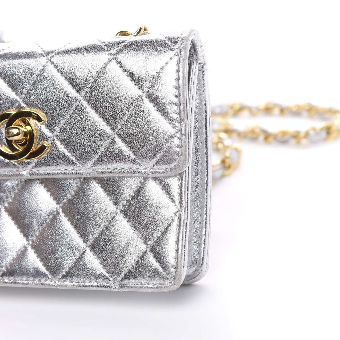 Metallic Lambskin Quilted Micro Mini Flap Silver