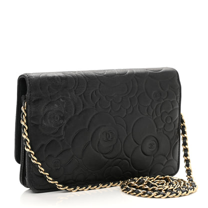 Chanel Lambskin Camellia Embossed Wallet on Chain WOC Black 3 of 12