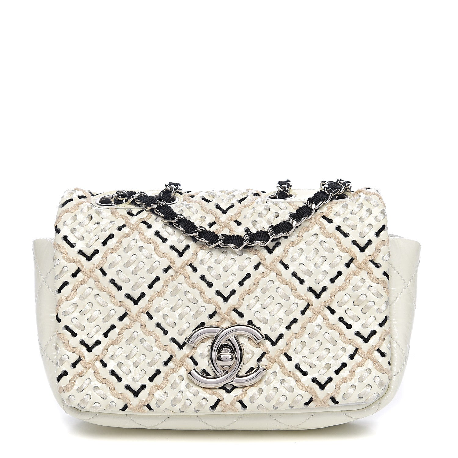 Chanel Patent Perforated Woven Mini Flap White Black 1 of 9