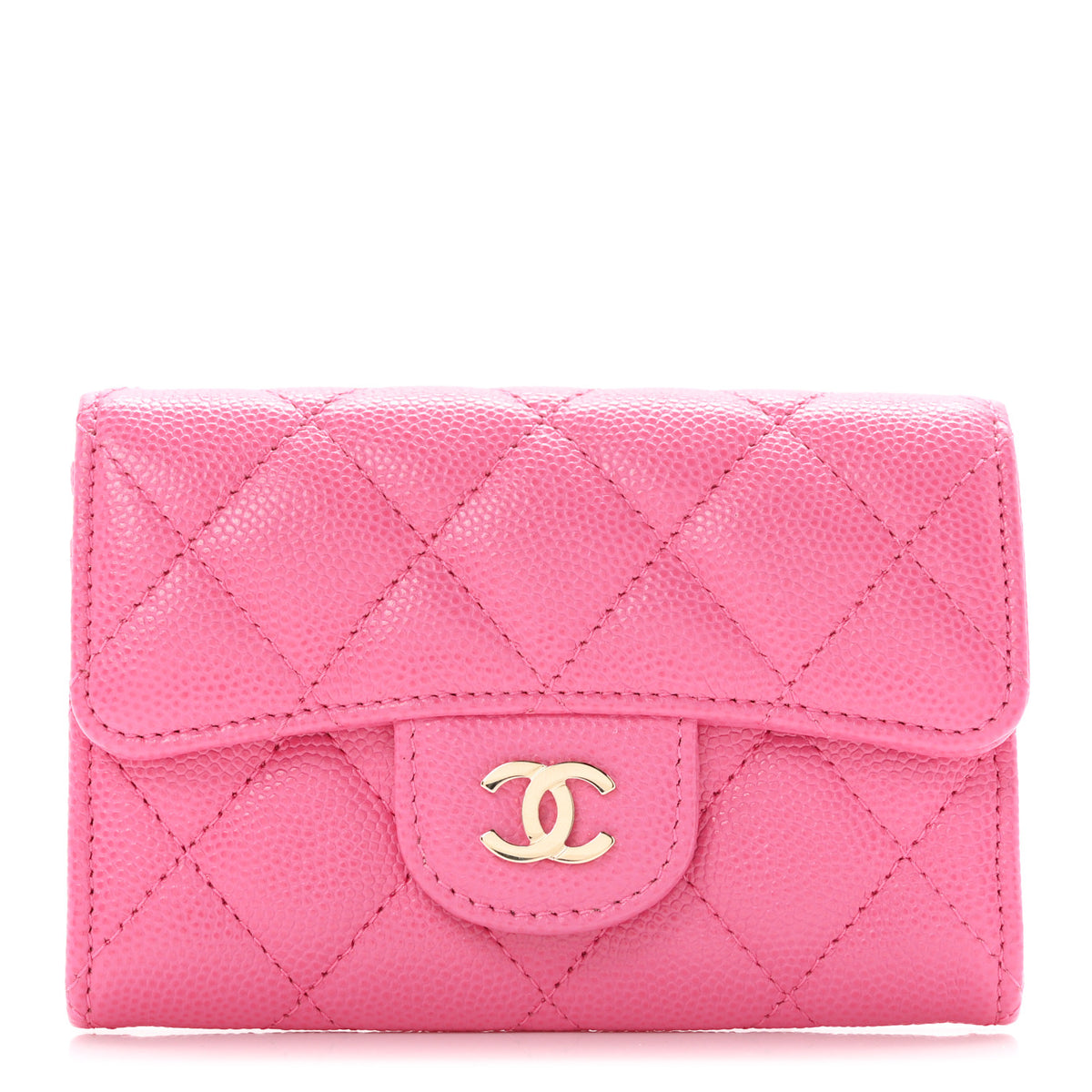 Caviar Quilted Flap Card Holder Wallet Pink