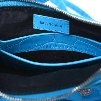 Balenciaga Extra Supple Calfskin Crocodile Embossed Crystal Mini Le Cagole Purse With Chain Cyan 7 of 9