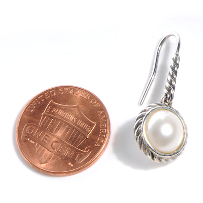 David Yurman Sterling Silver Pearl 9mm Cable Drop Earrings 2 of 4