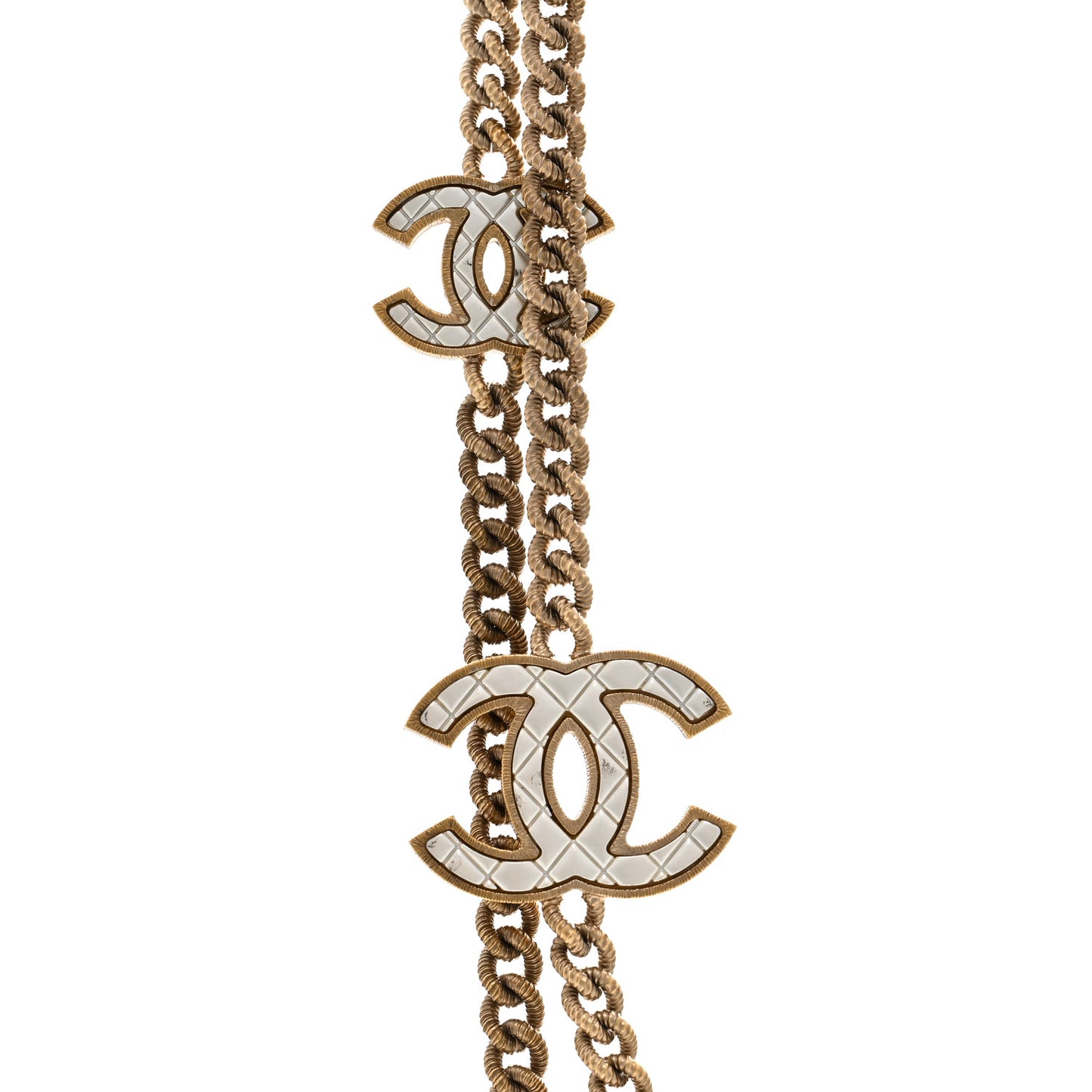 Metal Quilted CC Long Chain Necklace Gold Pearly White