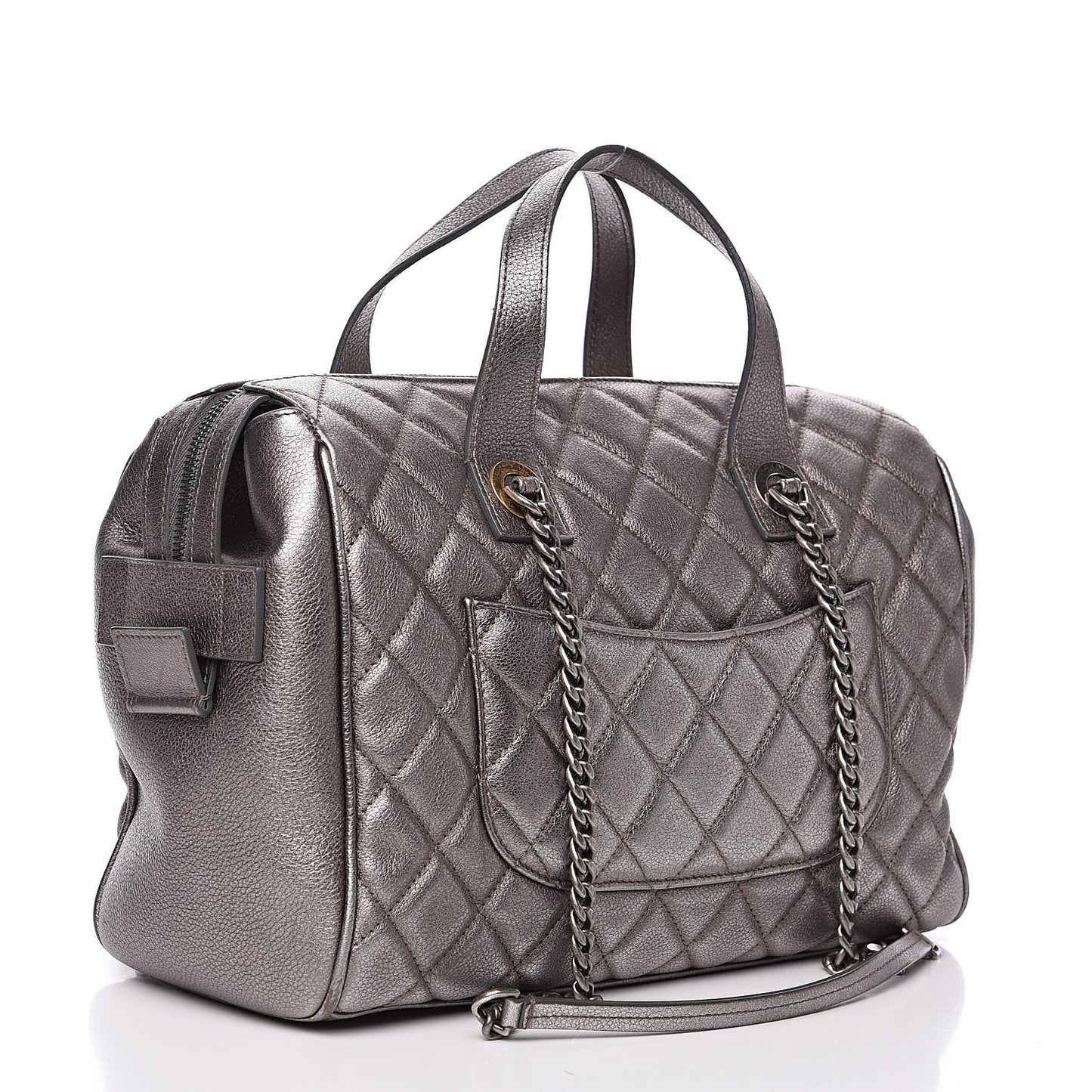 Metallic Grained Calfskin Quilted Large Casual Pocket Bowling Bag Silver