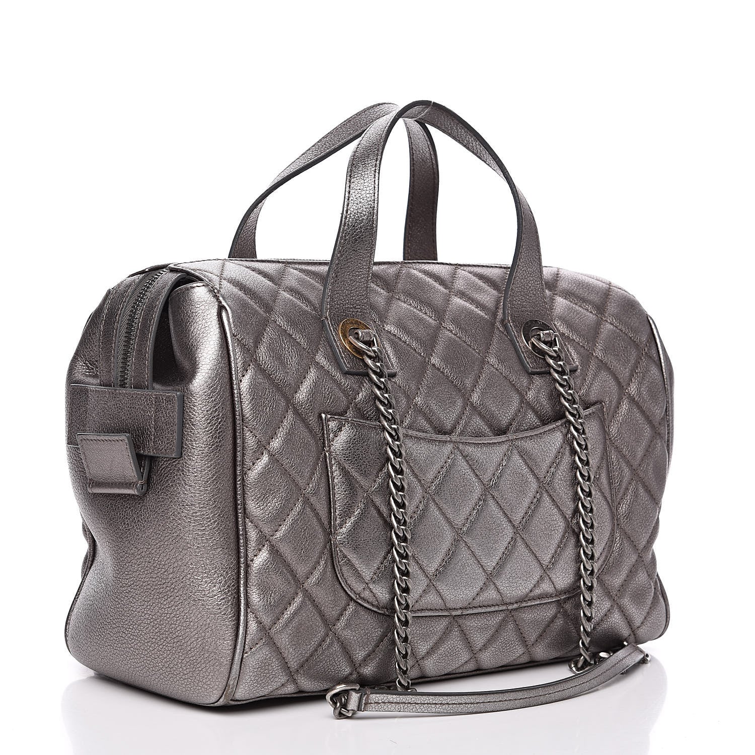 Chanel Metallic Grained Calfskin Quilted Large Casual Pocket Bowling Bag Silver 3 of 12