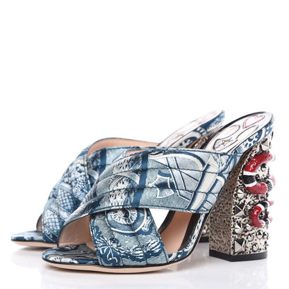 Gucci Satin Printed Kingsnake Webby High Heel Slide Sandals 37 Blue 3 of 9
