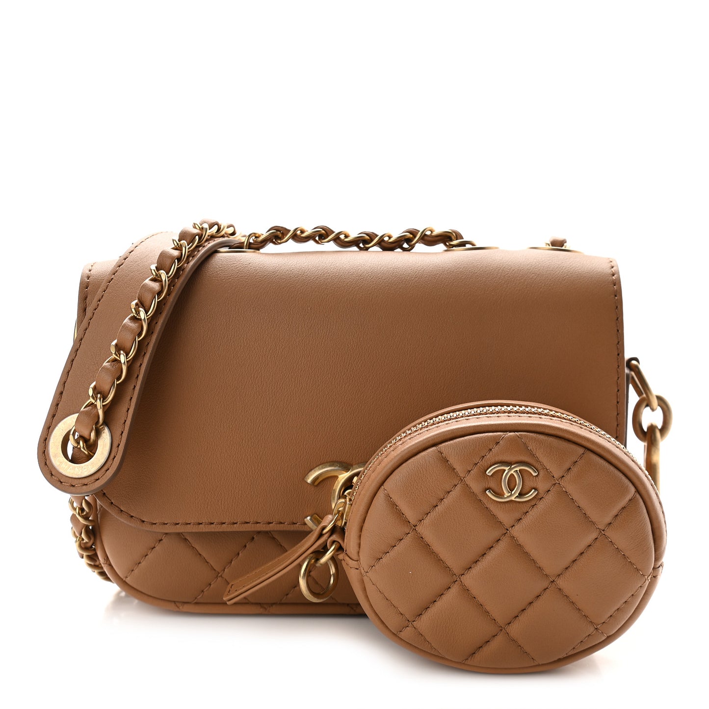Calfskin Quilted Multi Pouching Flap And Coin Purse Beige